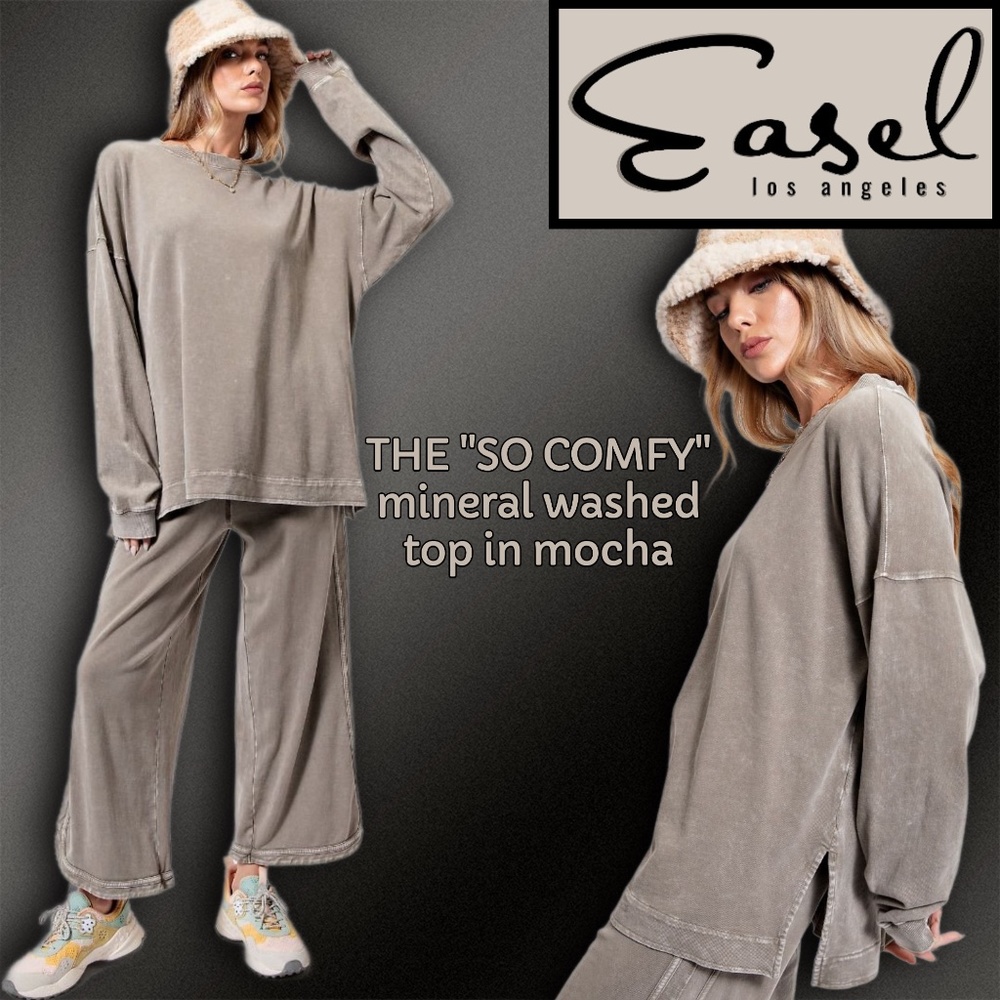 EASEL "SO COMFY" Lux Oversized Mineral Washed Cotton Tunic Length Top Side Slits